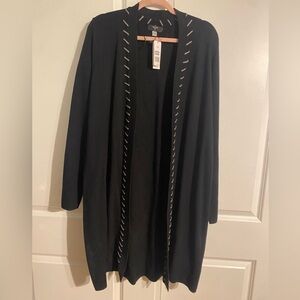 T Tahari Black Long Open-Front Cardigan with Contrast Stitching